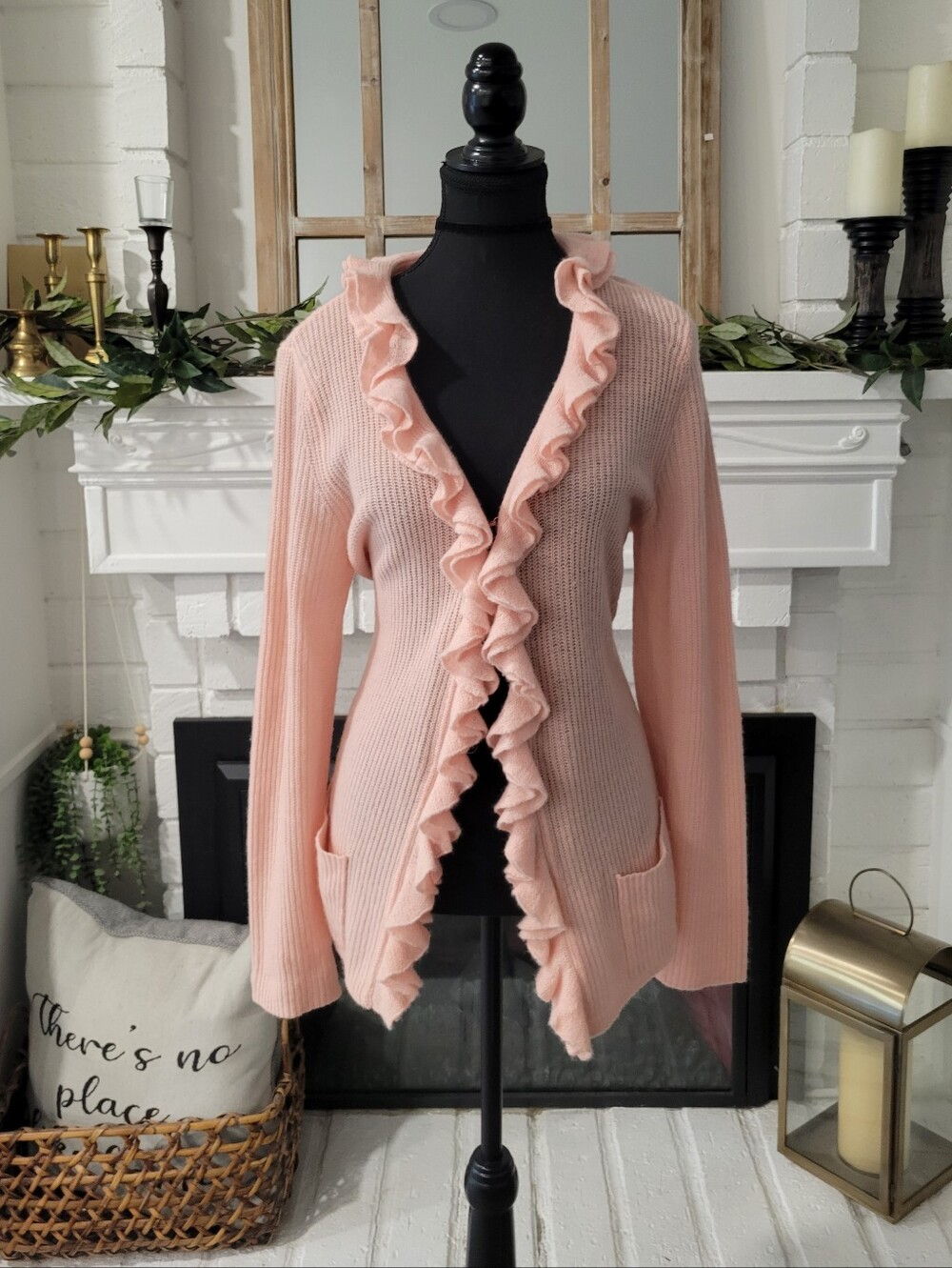 Coquette Magaschoni Cashmere Blush Pink Ruffle Open-Front Cardigan XL